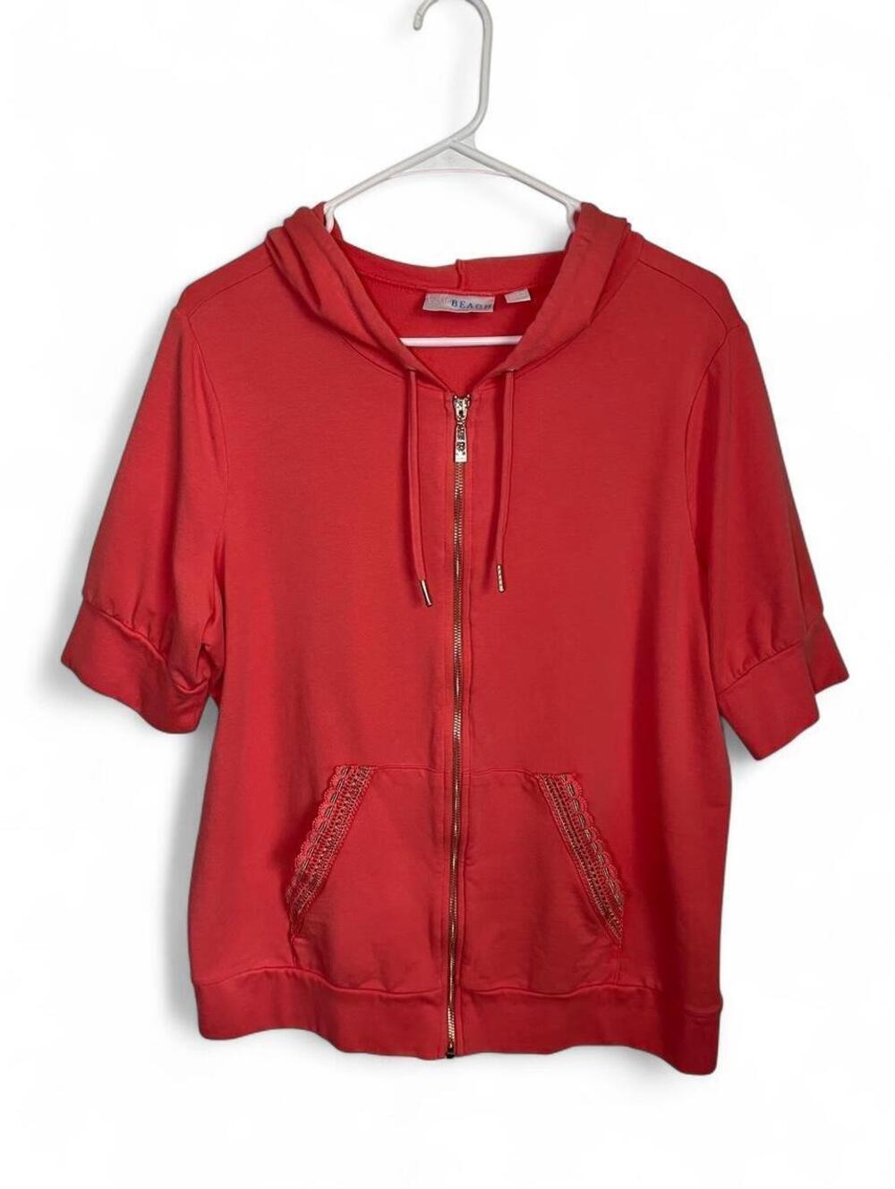Belle Beach Kim Gravel Coral Short Sleeve Zip Up Hoodie Crochet Lace Trim L